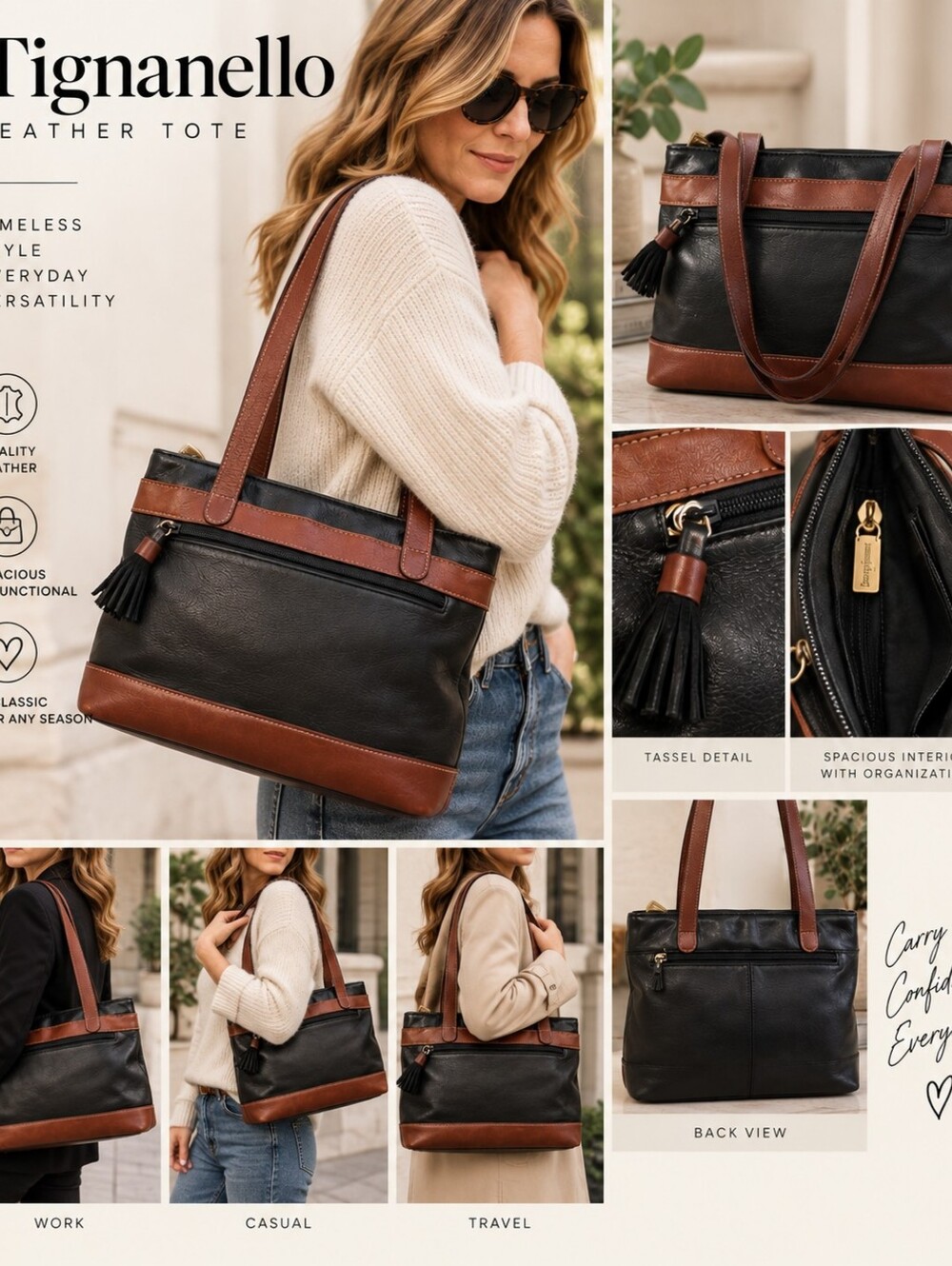 Tignanello Genuine Leather Tote Black Brown Y2K Multi Compartment Shoulder Bag